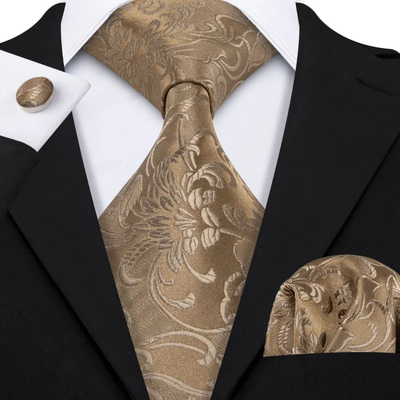 Barry. Wang Champagne Tie Gold Floral Tie Pocket Square Cufflinks Set sold by Barrywang