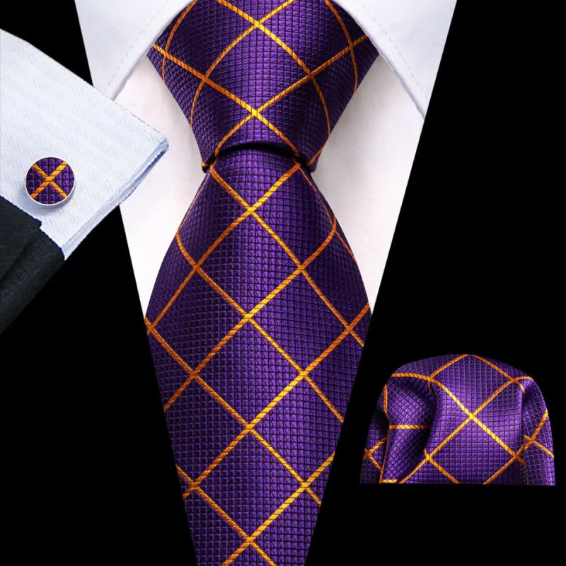 Barry. Wang Purple Plaid Tie with Yellow Stripes Men's Business Set sold by Barrywang