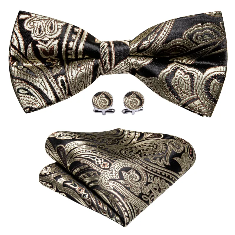 Barry. Wang Men Brown Grey Paisley Pre-tied Bow Tie Hanky Cufflinks Set sold by Barrywang