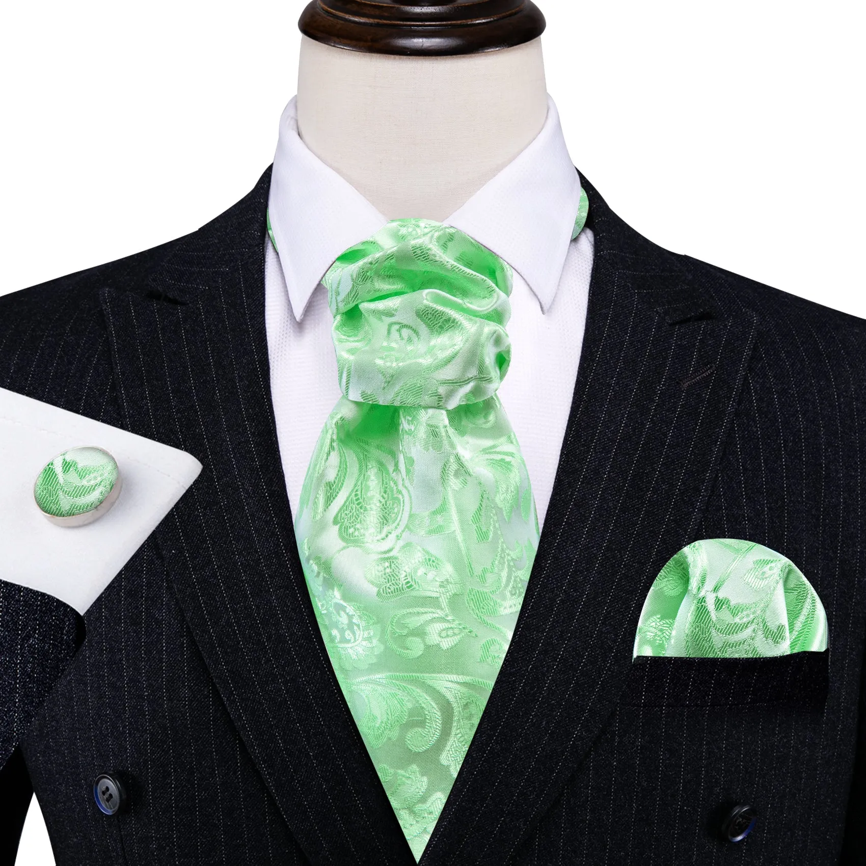 Green Paisley Silk Ascot Tie Handkerchief Cufflinks Set sold by Barrywang product image thumbnail 5