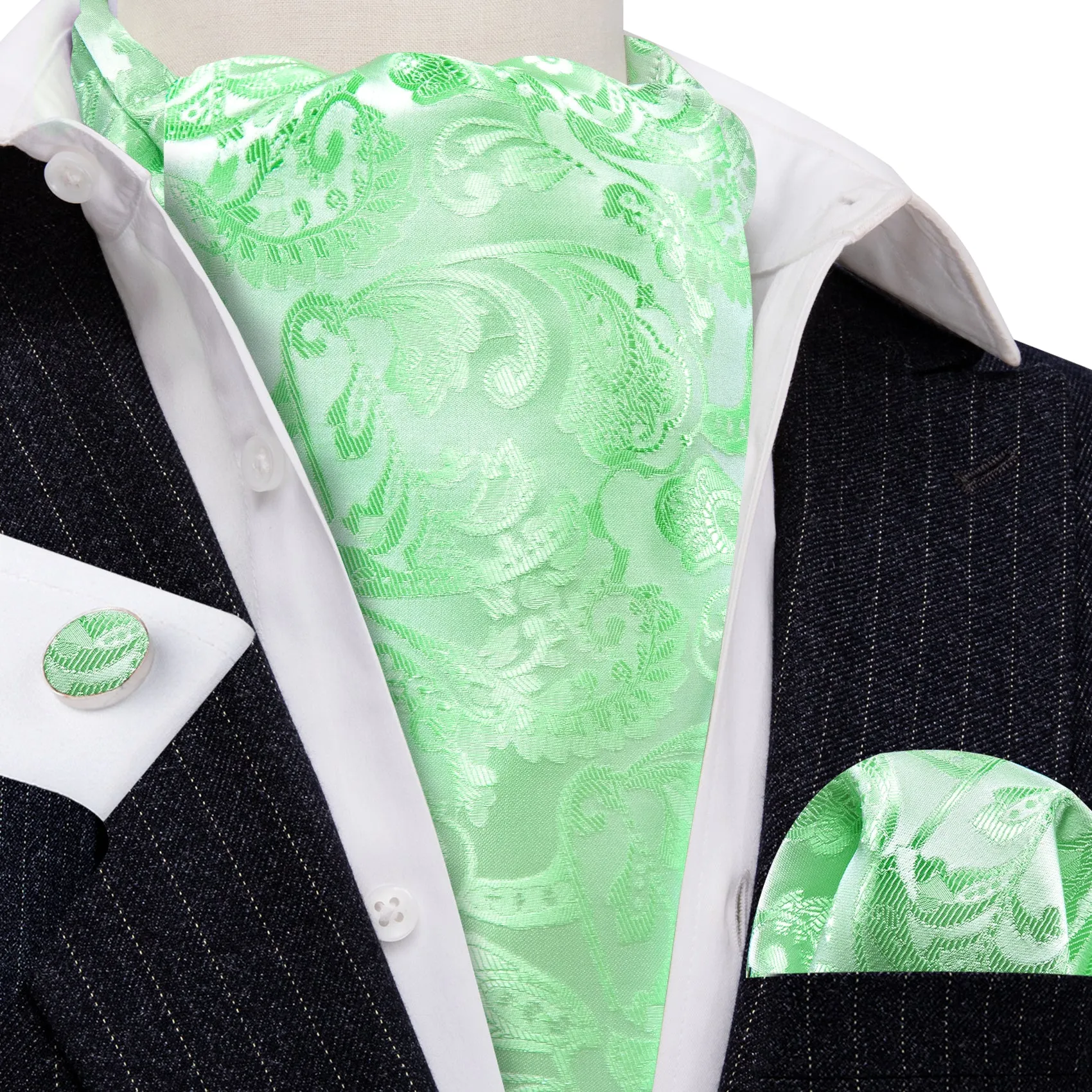 Green Paisley Silk Ascot Tie Handkerchief Cufflinks Set sold by Barrywang product image thumbnail 3