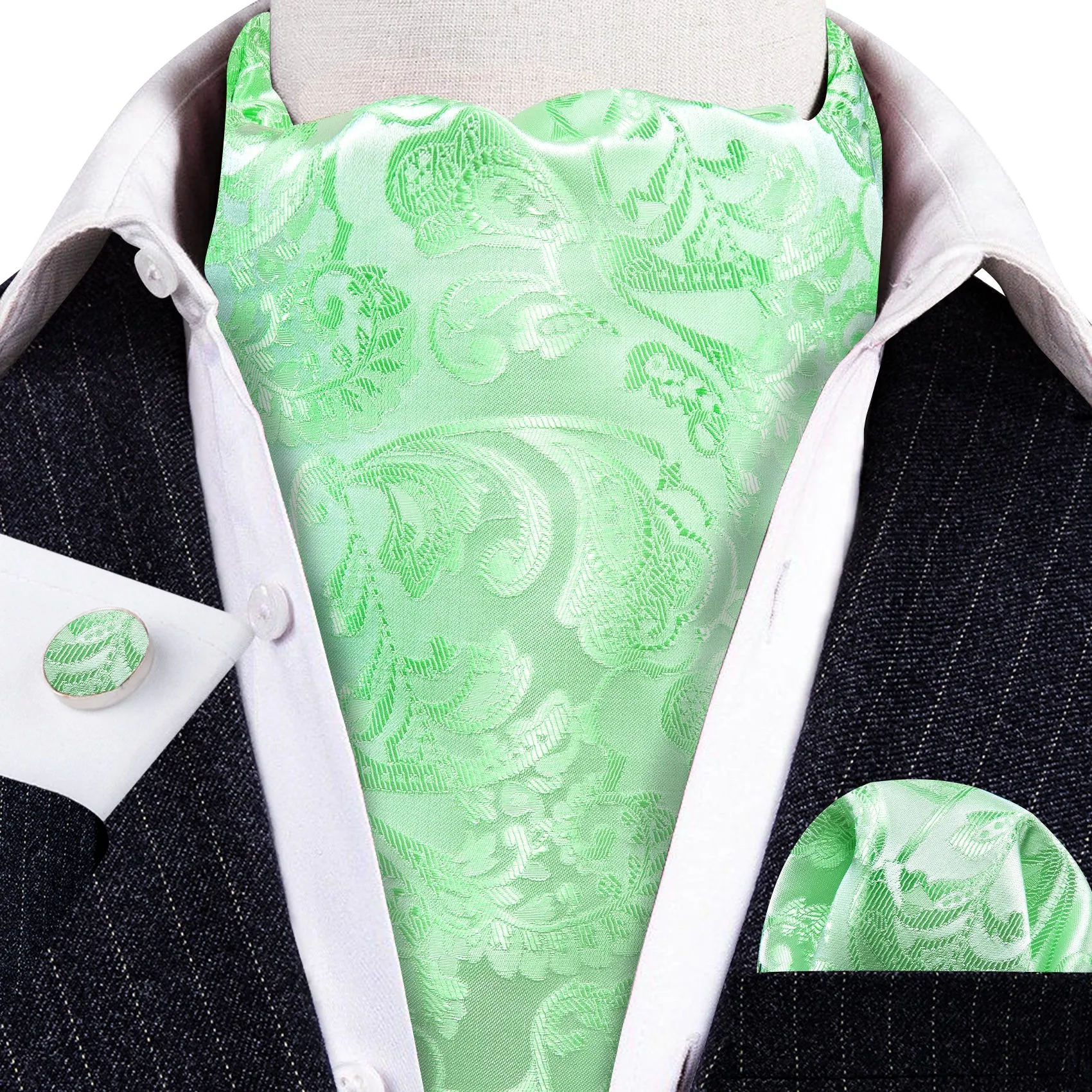 Green Paisley Silk Ascot Tie Handkerchief Cufflinks Set sold by Barrywang product image thumbnail 2