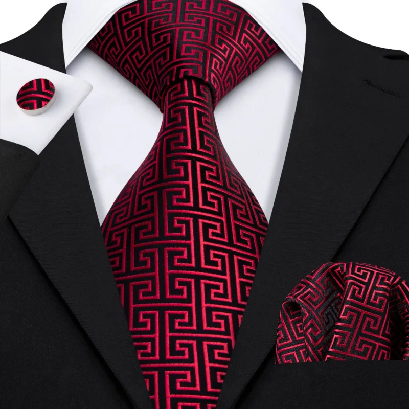 Barry. Wang Black Red Geometric Novelty Tie Pocket Square Cufflinks Set sold by Barrywang
