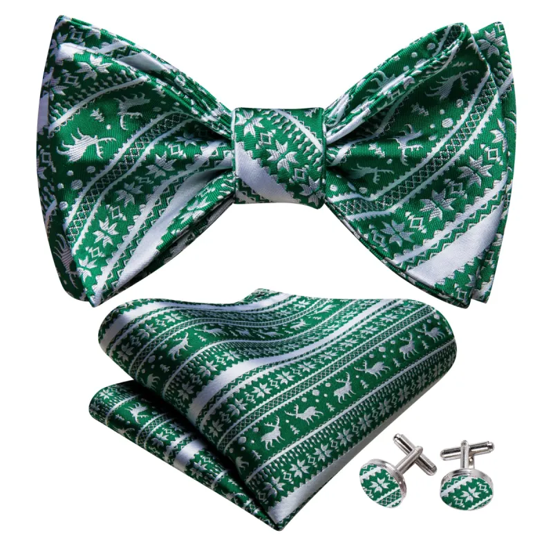 Barry Wang Christmas Green White Self Tied Bow Tie Hanky Cufflinks Set sold by Barrywang