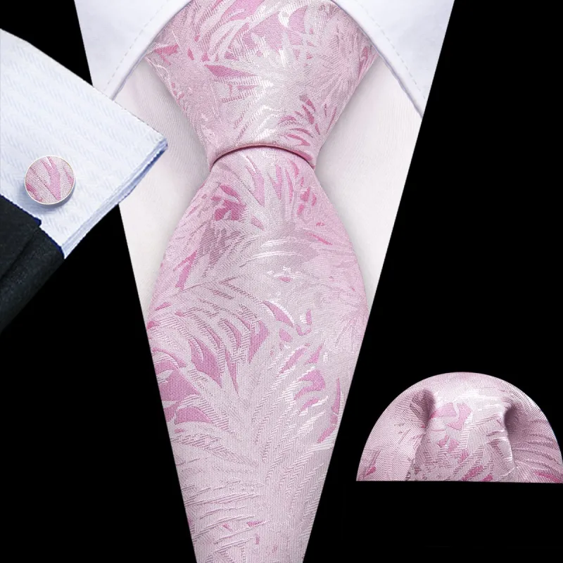 Barry Wang Light Pink White Floral Silk Tie Pocket Square Cufflinks Set sold by Barrywang