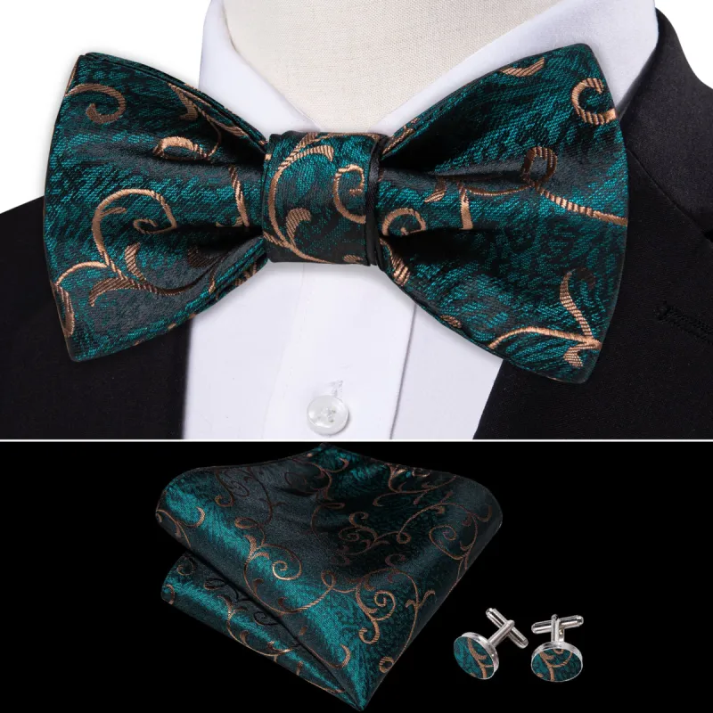 Barry.wang Floral Tie Green Gold Jacquard Woven Silk Self-Tie Bow Tie Set sold by Barrywang