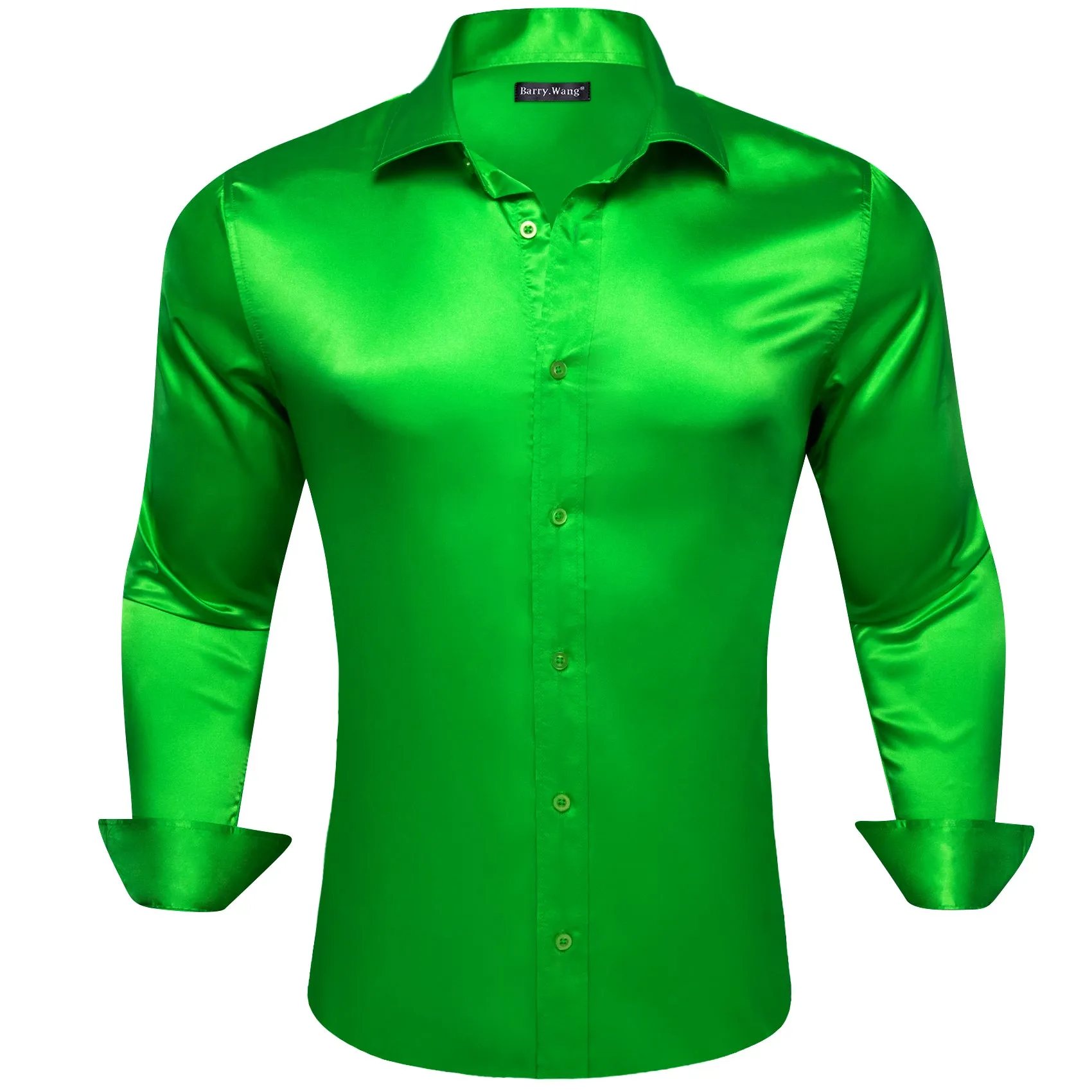 Barry Wang Button Down Shirt Lime Green Solid Silk Long Sleeve Shirt sold by Barrywang product image thumbnail 2