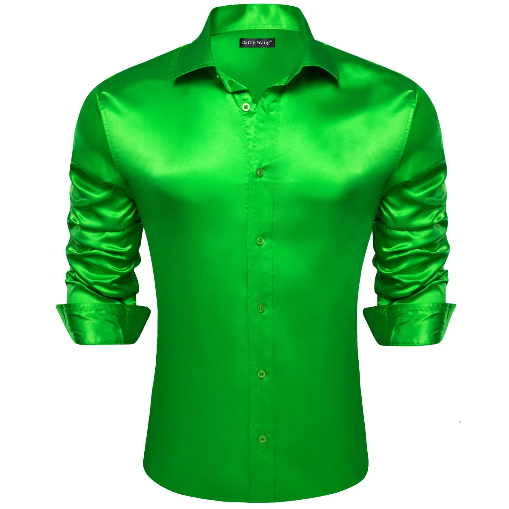 Barry Wang Button Down Shirt Lime Green Solid Silk Long Sleeve Shirt sold by Barrywang product image thumbnail 3