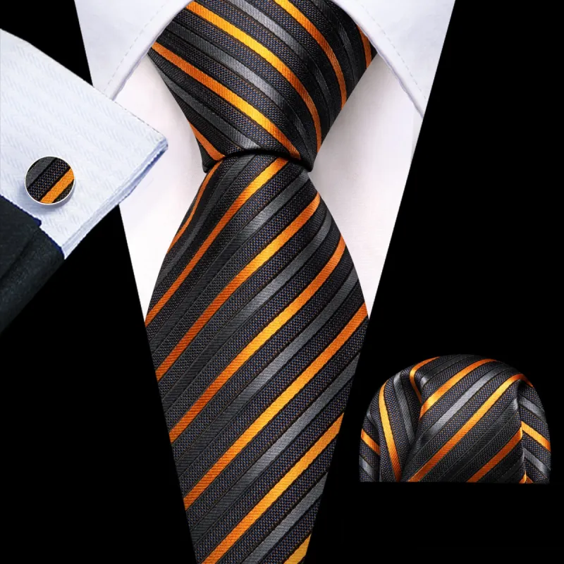 Barry. Wang Black Striped Tie with Gold Grey Stripes Men's Necktie Set sold by Barrywang