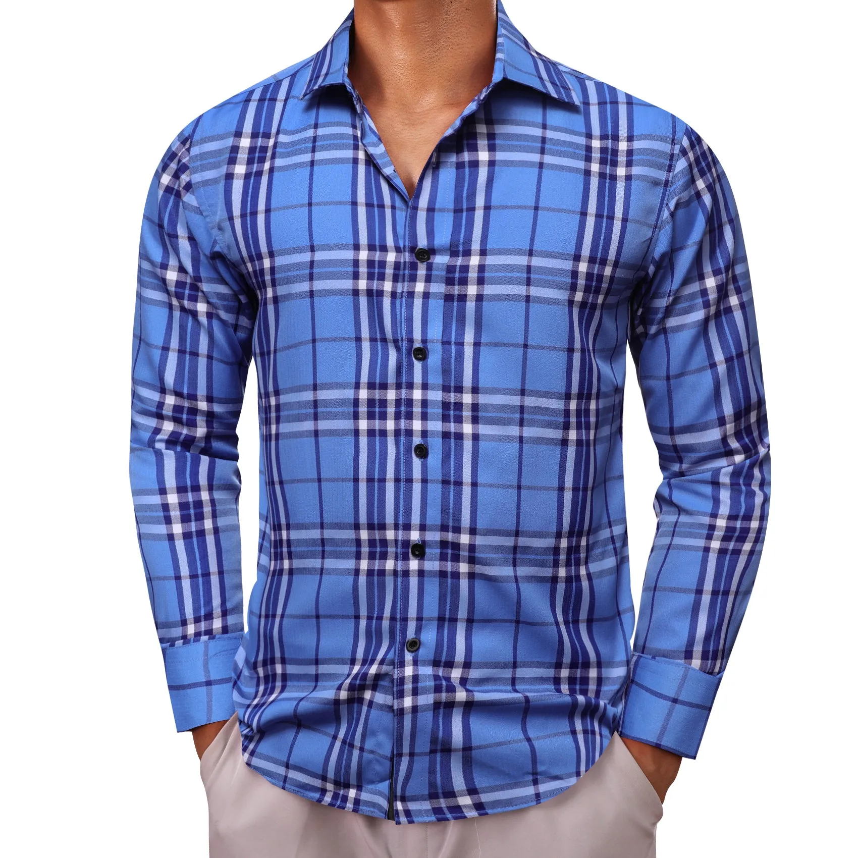 Barry.wang Bright Blue Plaid Men's Shirt sold by Barrywang product image thumbnail 3