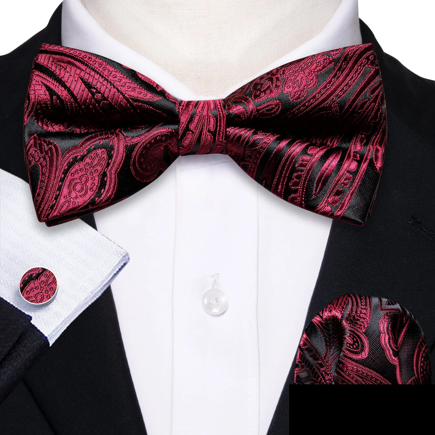 Barry. Wang Red Black Paisley Pre-tied Bow Tie Hanky Cufflinks Set sold by Barrywang