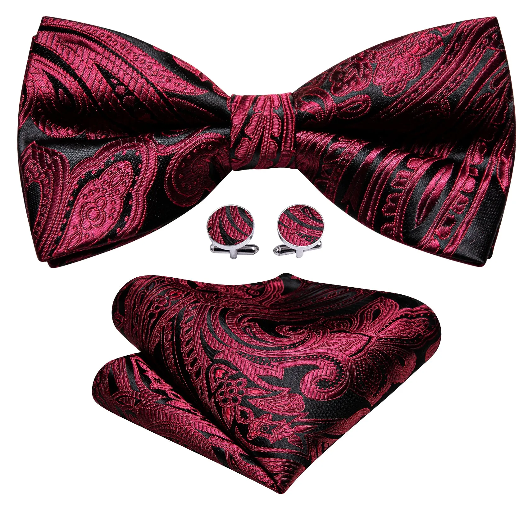 Barry. Wang Red Black Paisley Pre-tied Bow Tie Hanky Cufflinks Set sold by Barrywang product image thumbnail 3