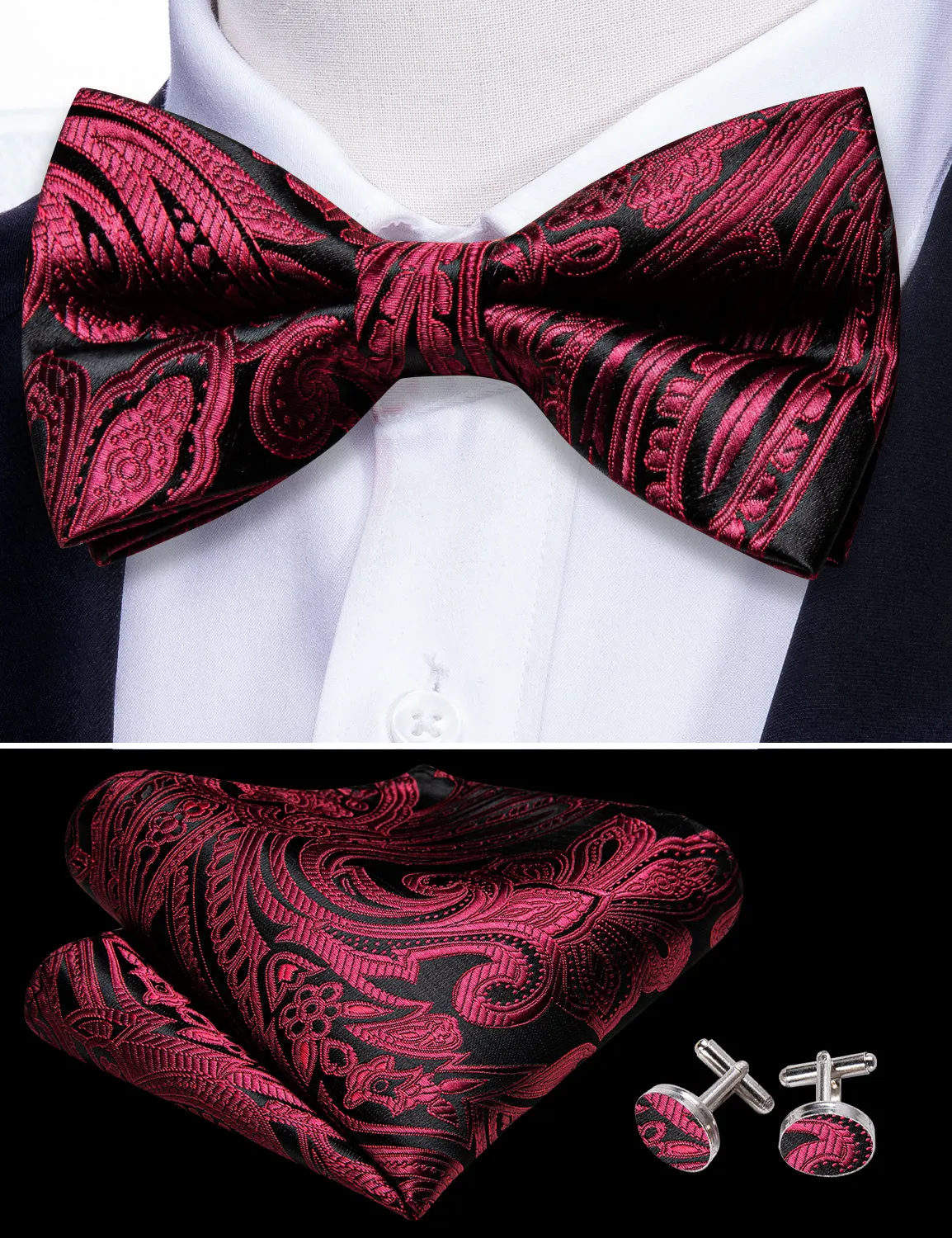 Barry. Wang Red Black Paisley Pre-tied Bow Tie Hanky Cufflinks Set sold by Barrywang product image thumbnail 2