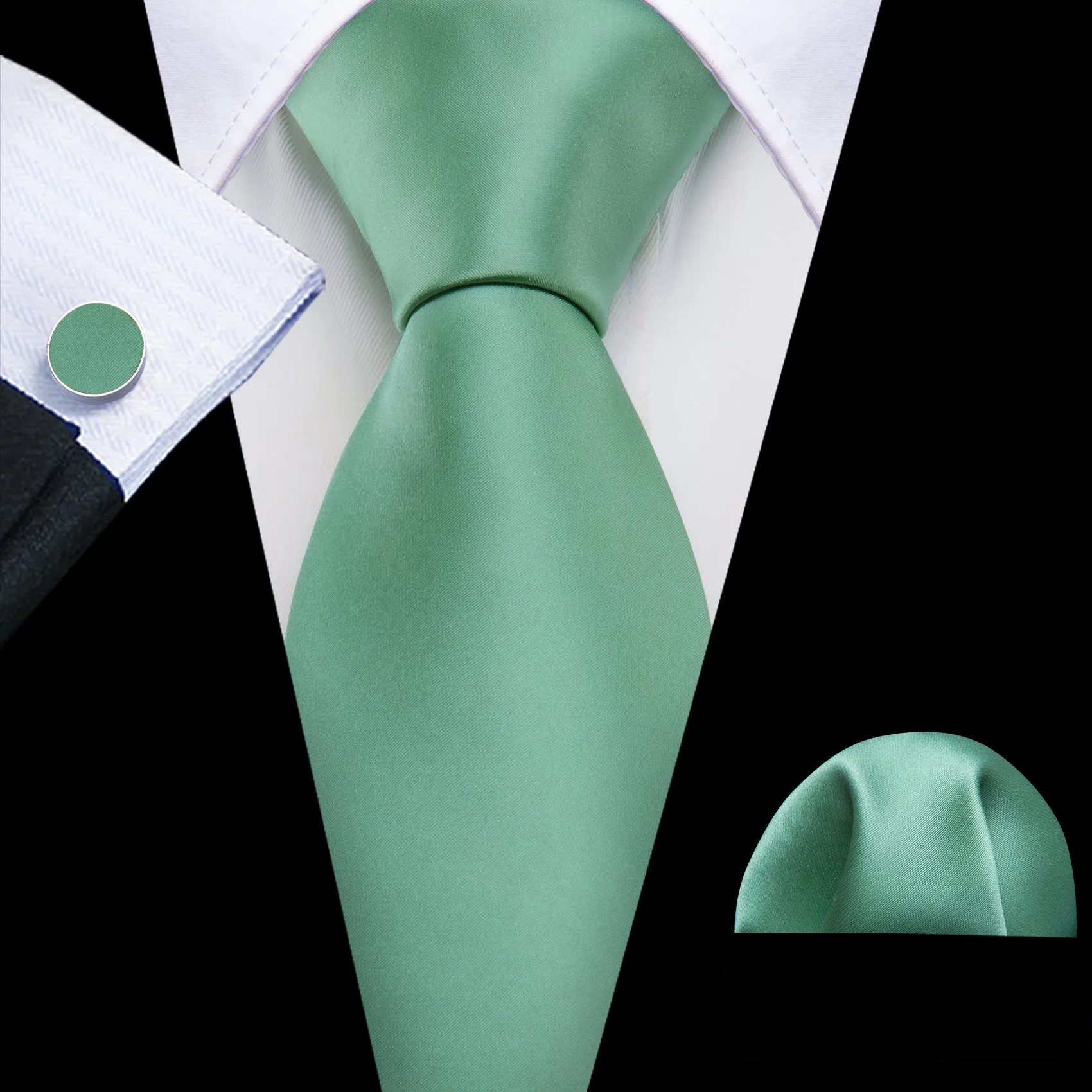 Barry Wang Men's Tie Turquoise Green Solid Silk Tie Handkerchief Cufflinks Set sold by Barrywang