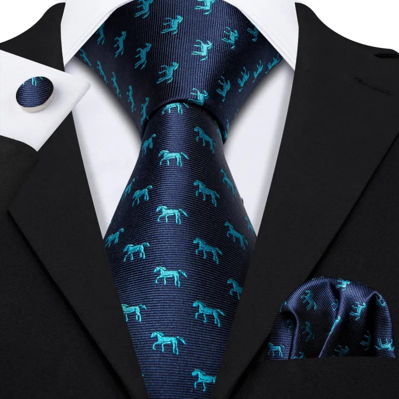 Barry Wang Novelty Horse Pattern Blue Ties Men Tie Hanky Cufflinks Set sold by Barrywang