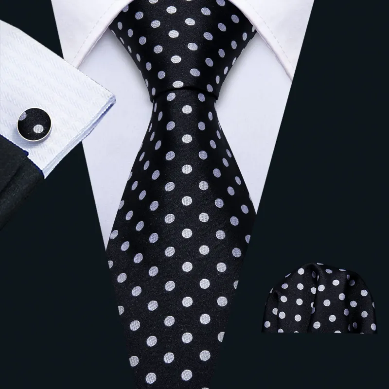 Barry Wang Black Necktie White Polka Dot Men's Tie Hanky Cufflinks Set sold by Barrywang