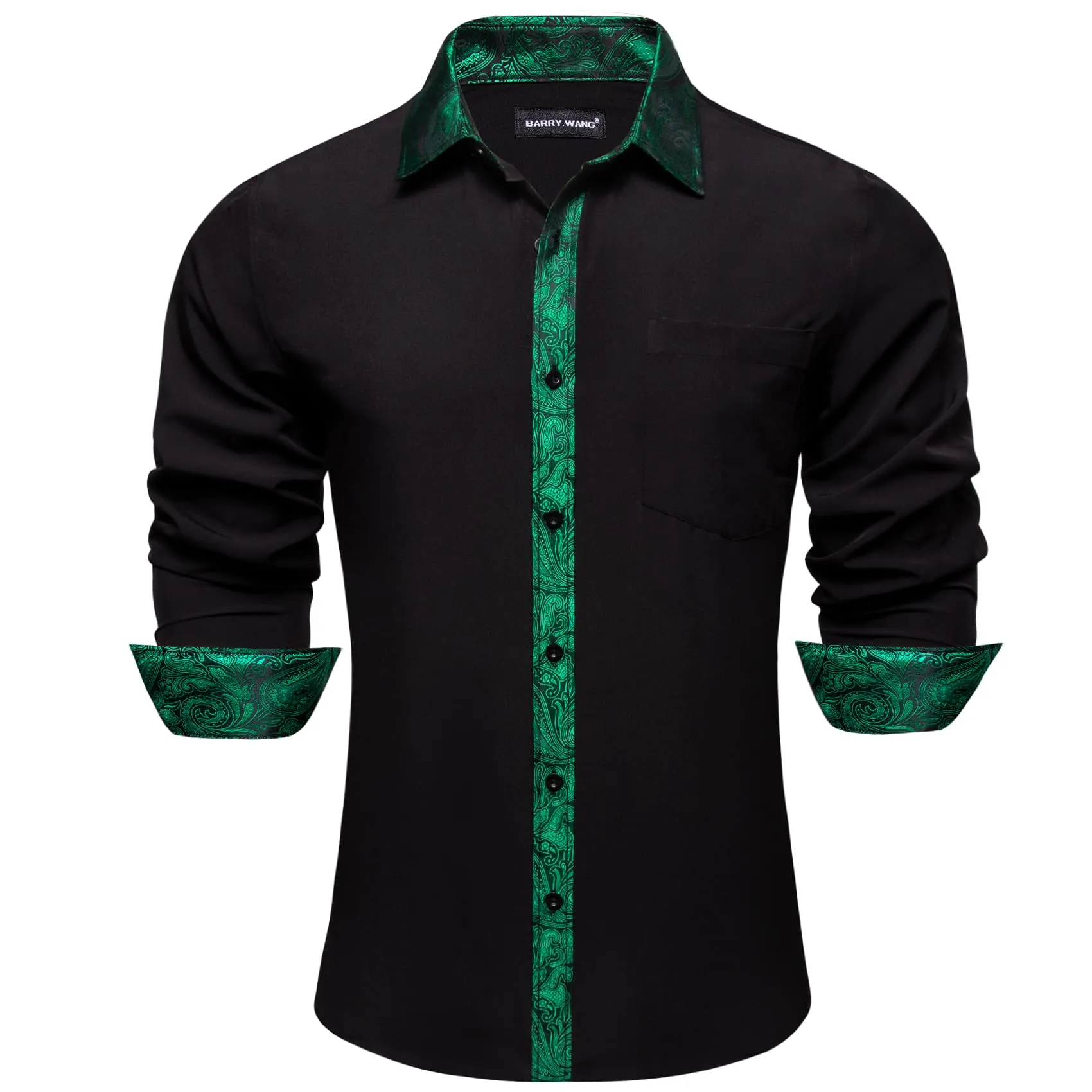 Barry Wang Black Shirt Green Paisley Cuffs Mens Silk Long Sleeve Shirt sold by Barrywang