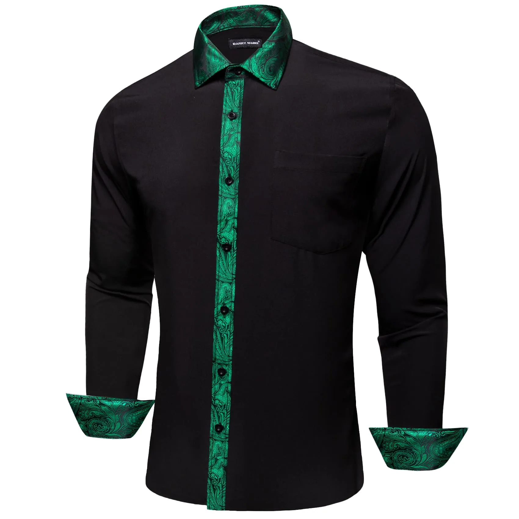 Barry Wang Black Shirt Green Paisley Cuffs Mens Silk Long Sleeve Shirt sold by Barrywang product image thumbnail 4