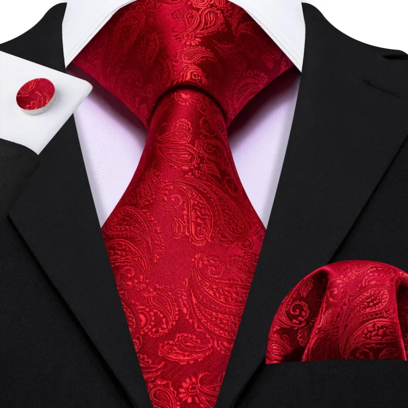 Barry Wang Red Paisley 63 Inches Extra Long Tie Hanky Cufflinks Set sold by Barrywang