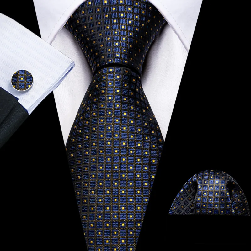 Barry Wang Dark Blue Yellow Plaid Paisley Silk Tie Hanky Cufflinks Set sold by Barrywang