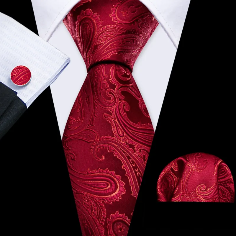 Barry. Wang Red Tie Paisley Silk Men's Tie Handkerchief Cufflinks Set Classic sold by Barrywang