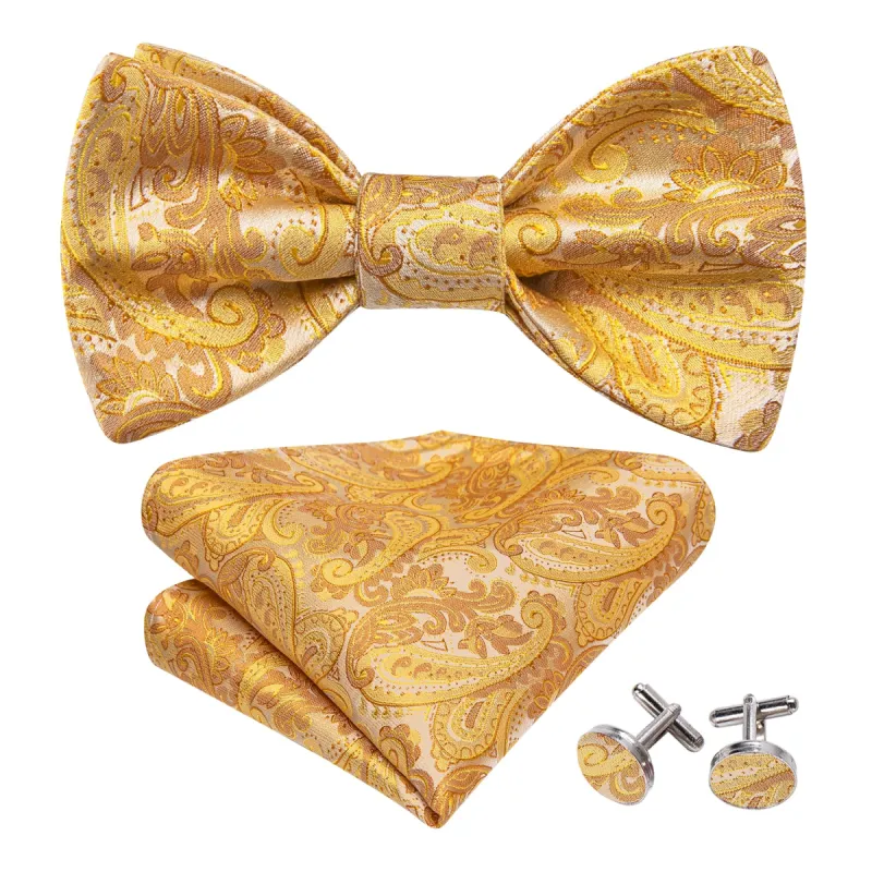 Gold Yellow Paisley Bow Tie Hanky Cufflinks Set sold by Barrywang