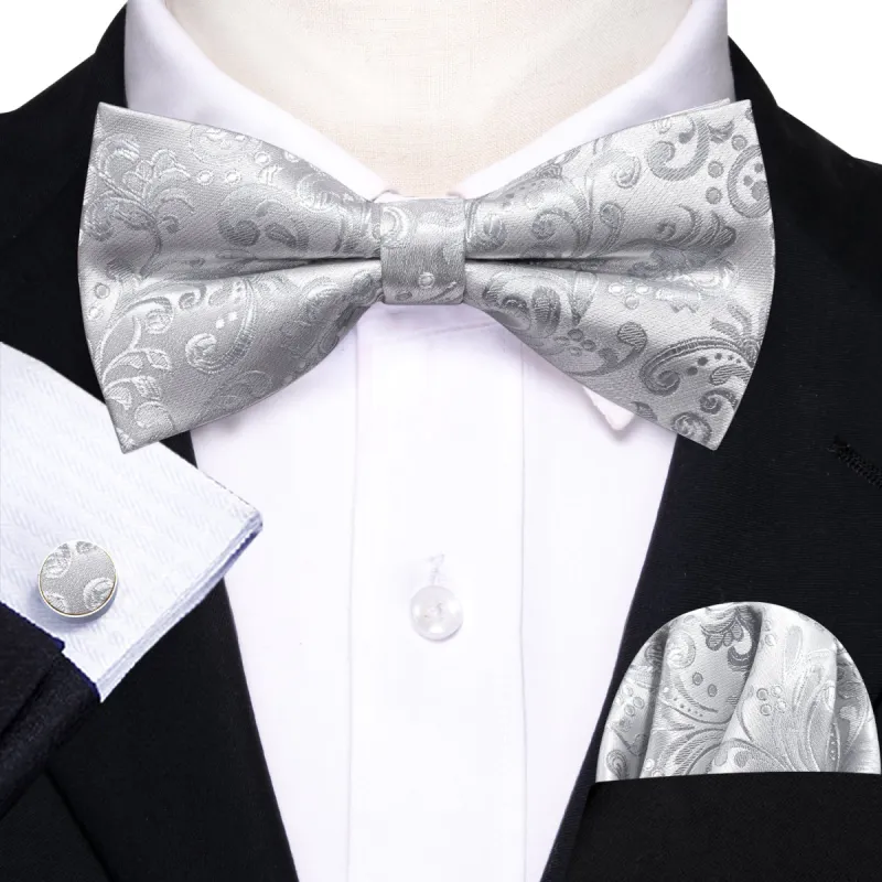 Barry. Wang Mens Silver Paisley Bow Tie Set sold by Barrywang
