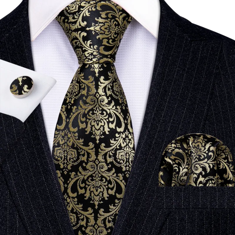 Barry. Wang Black Tie PaleGodenrod Yellow Floral Silk Tie Hanky Cufflinks Set sold by Barrywang