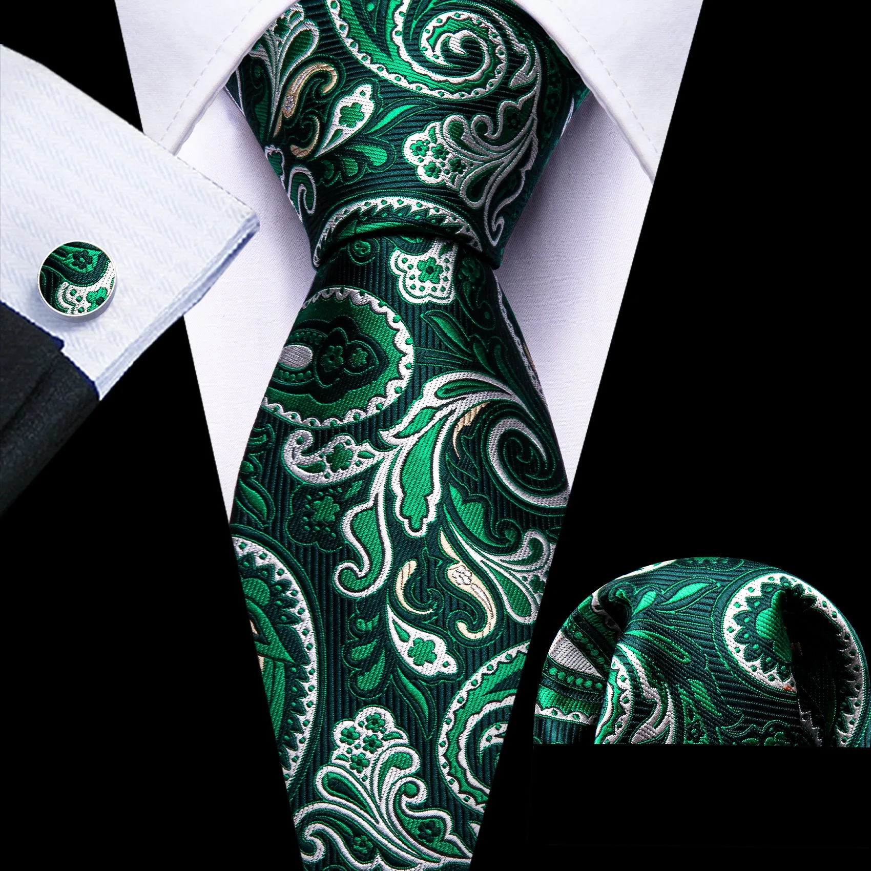 Barry Wang Green White Paisley Silk Necktie Pocket Square Cufflinks Set sold by Barrywang product image thumbnail 2