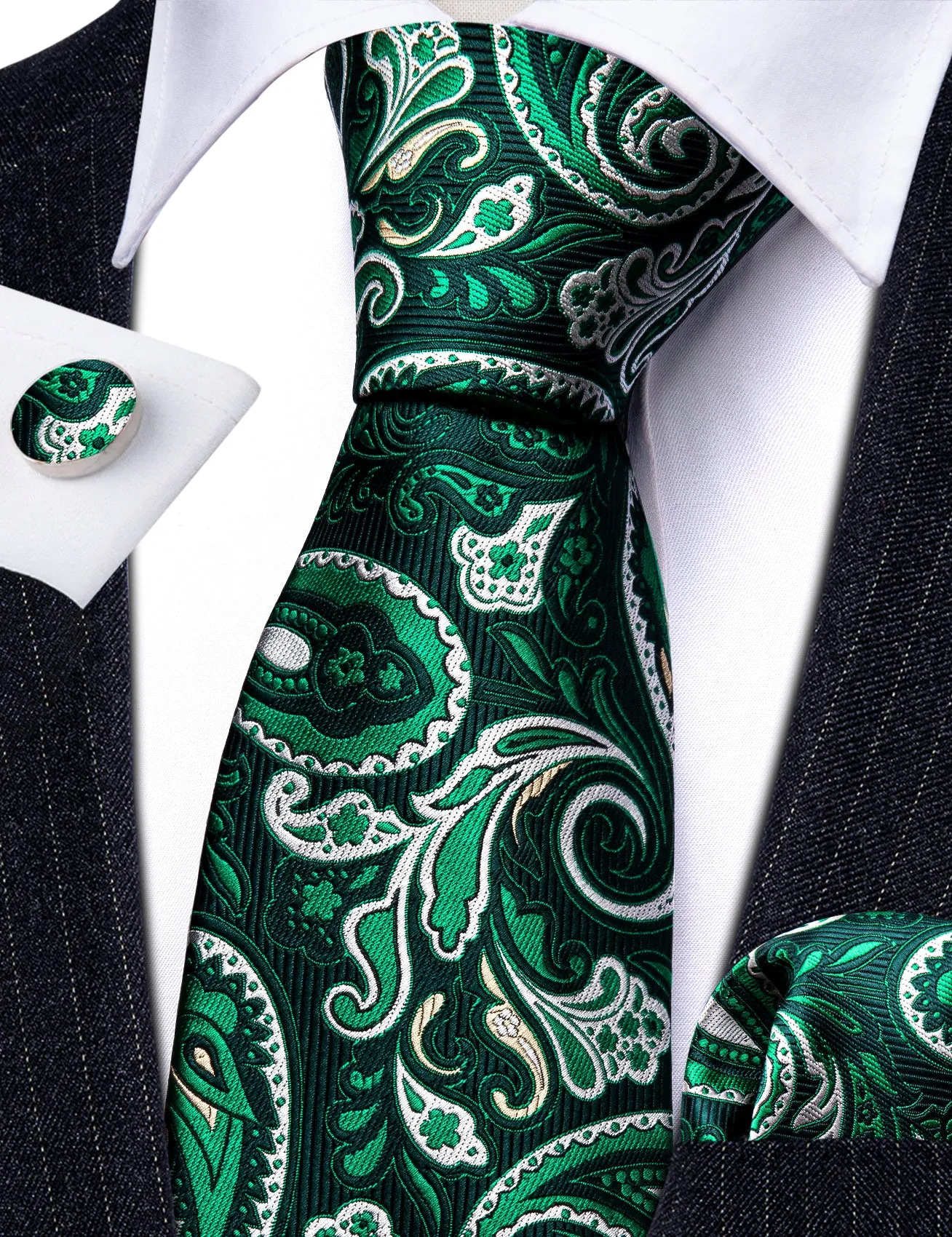 Barry Wang Green White Paisley Silk Necktie Pocket Square Cufflinks Set sold by Barrywang product image thumbnail 4