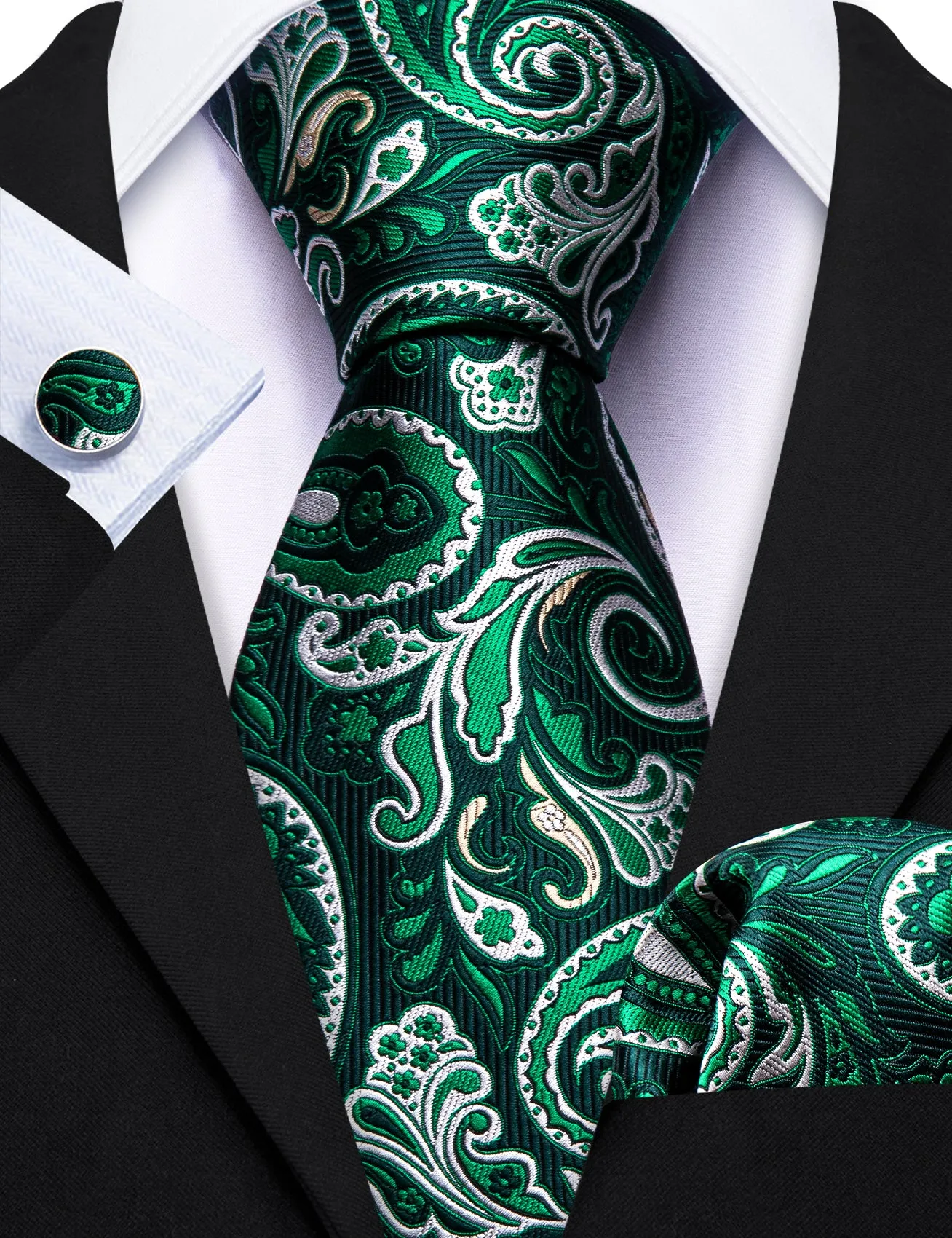 Barry Wang Green White Paisley Silk Necktie Pocket Square Cufflinks Set sold by Barrywang product image thumbnail 3