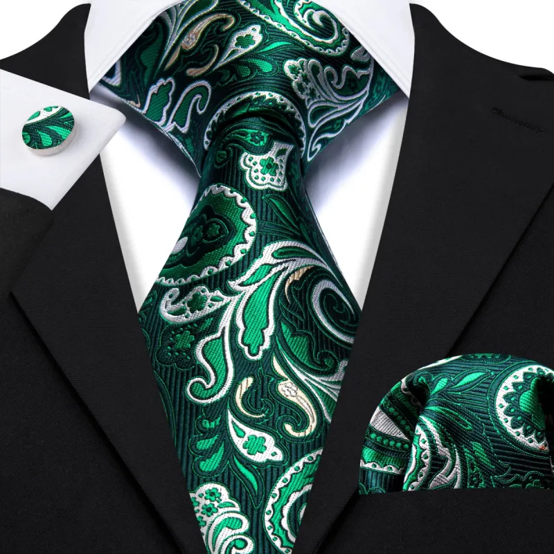 Barry Wang Green White Paisley Silk Necktie Pocket Square Cufflinks Set sold by Barrywang