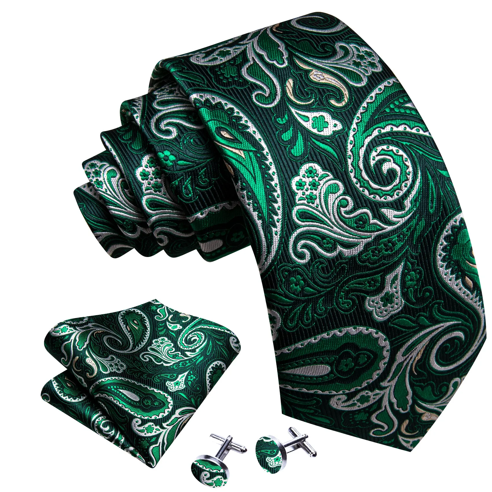 Barry Wang Green White Paisley Silk Necktie Pocket Square Cufflinks Set sold by Barrywang product image thumbnail 5