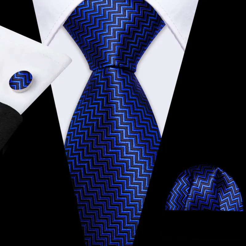 Barry Wang Cobalt Blue Black Ripple Silk Tie Handkerchief Cufflinks Set made by Barrywang