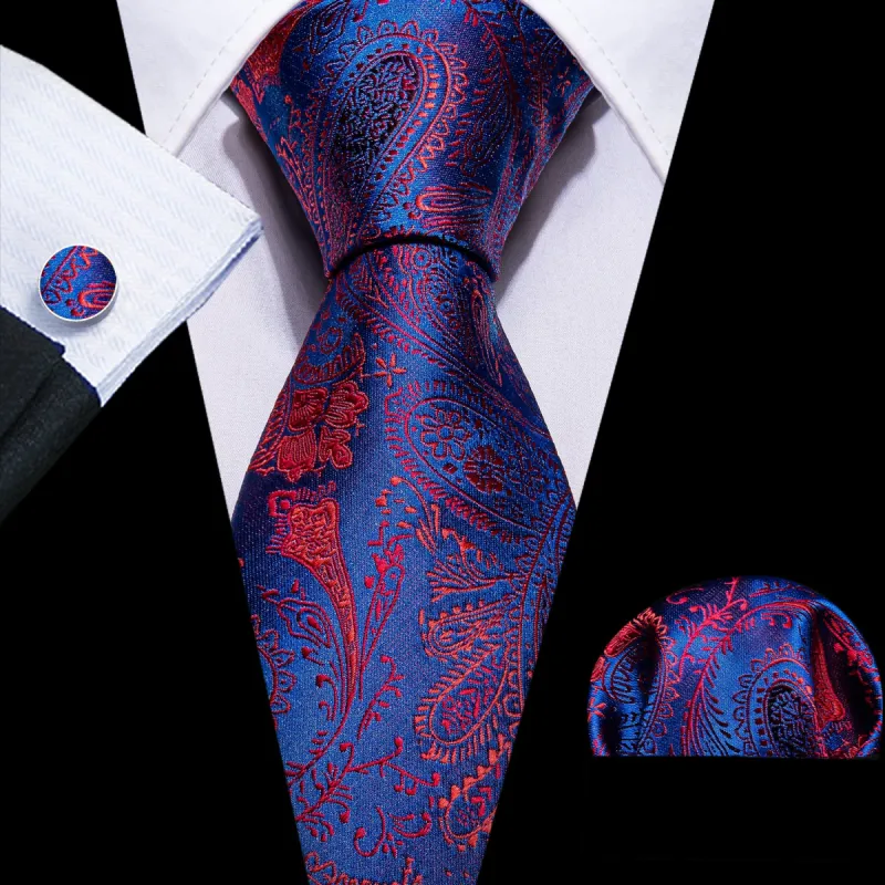 Barry Wang Deep Blue Necktie Red Paisley Silk Tie Hanky Cufflinks Set sold by Barrywang