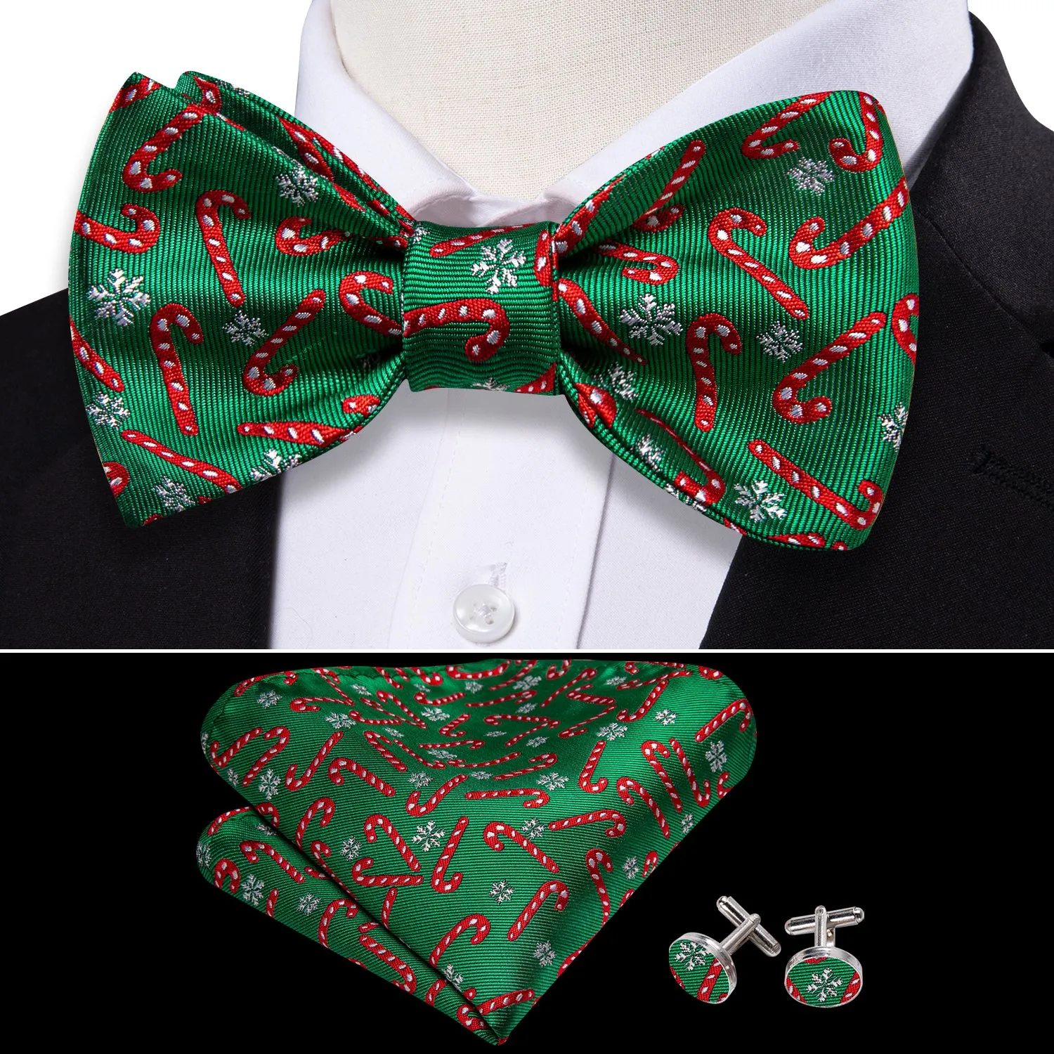 Barry Wang Christmas Green Bow Tie with Candy Cane Pattern Hanky Cufflinks Set sold by Barrywang product image thumbnail 3