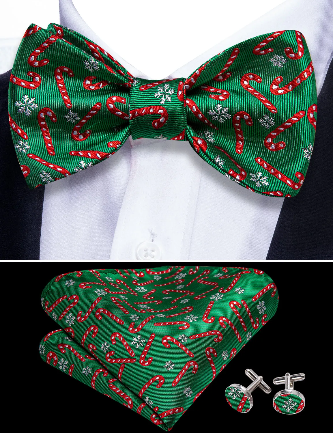 Barry Wang Christmas Green Bow Tie with Candy Cane Pattern Hanky Cufflinks Set sold by Barrywang product image thumbnail 4