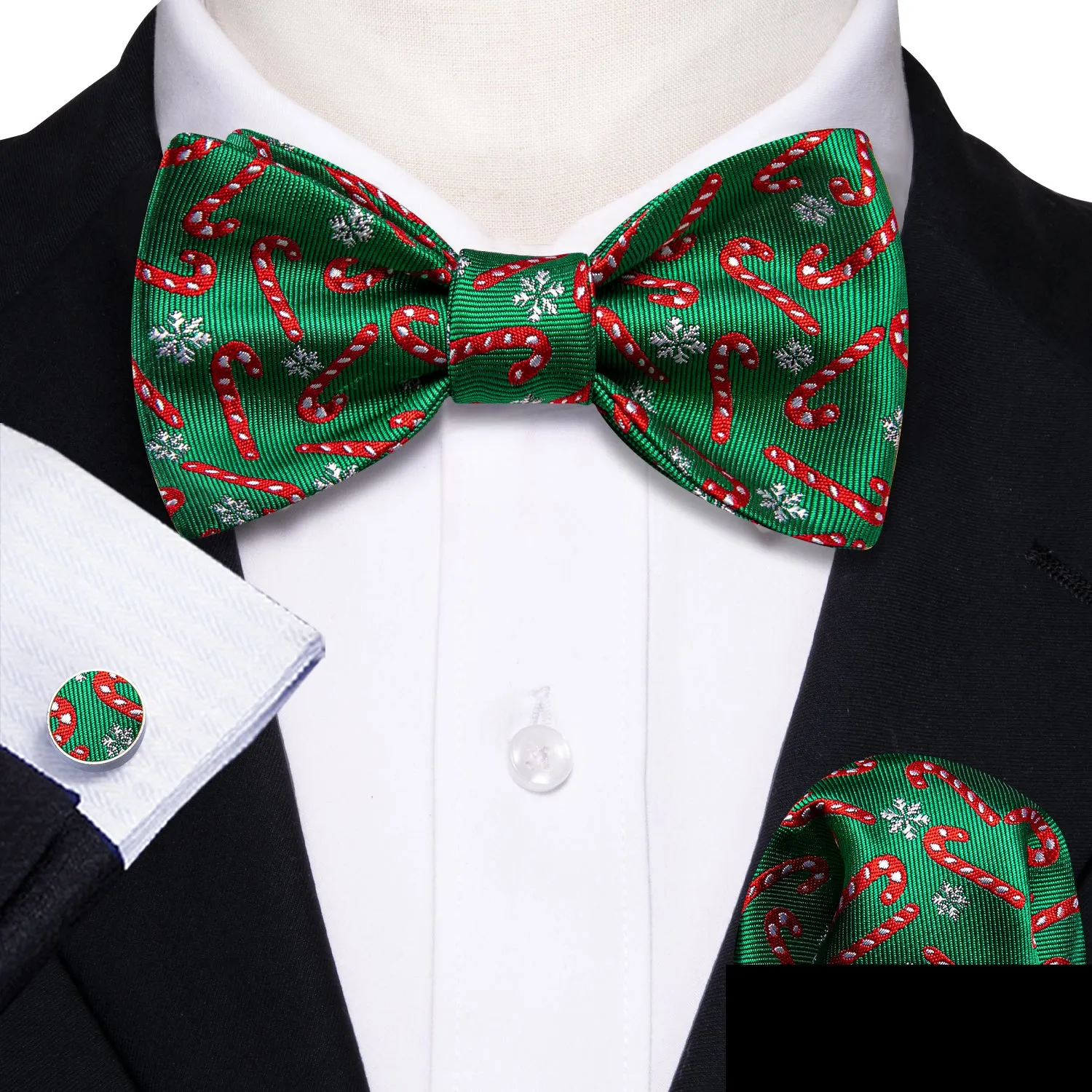 Barry Wang Christmas Green Bow Tie with Candy Cane Pattern Hanky Cufflinks Set sold by Barrywang product image thumbnail 2