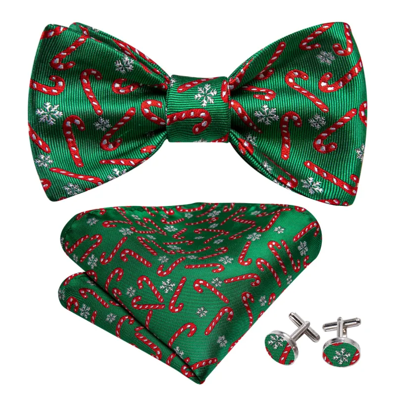 Barry Wang Christmas Green Bow Tie with Candy Cane Pattern Hanky Cufflinks Set sold by Barrywang