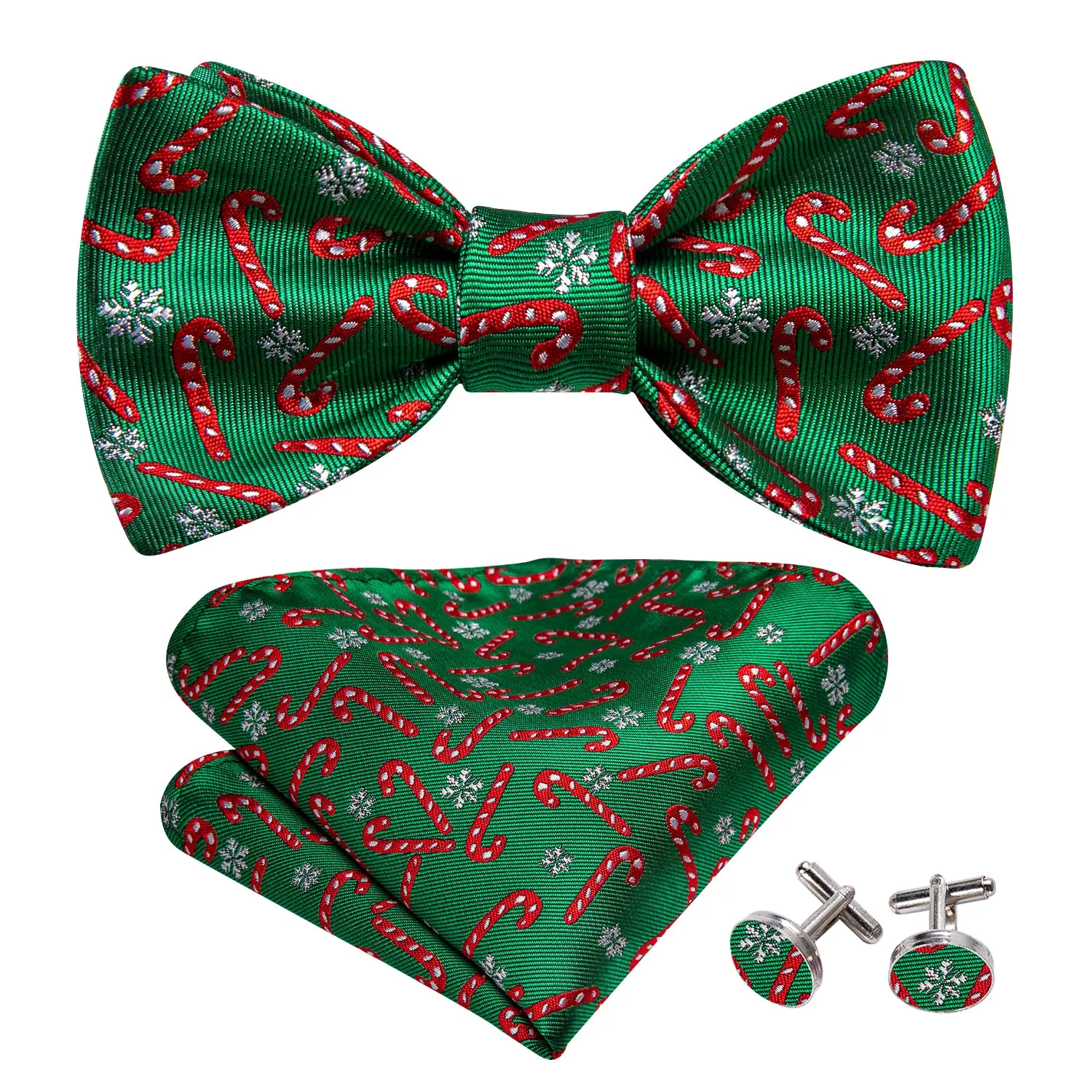 Barry Wang Christmas Green Bow Tie with Candy Cane Pattern Hanky Cufflinks Set sold by Barrywang