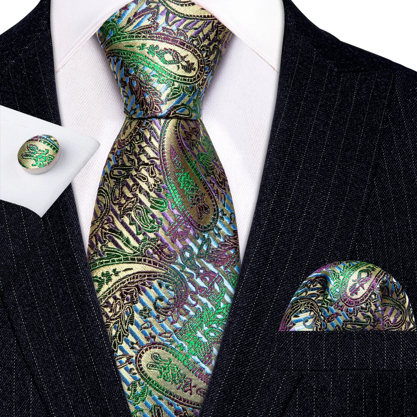 Barry Wang Colorful Paisley Silk Men's Tie Pocket Square Cufflinks Set sold by Barrywang product image thumbnail 2