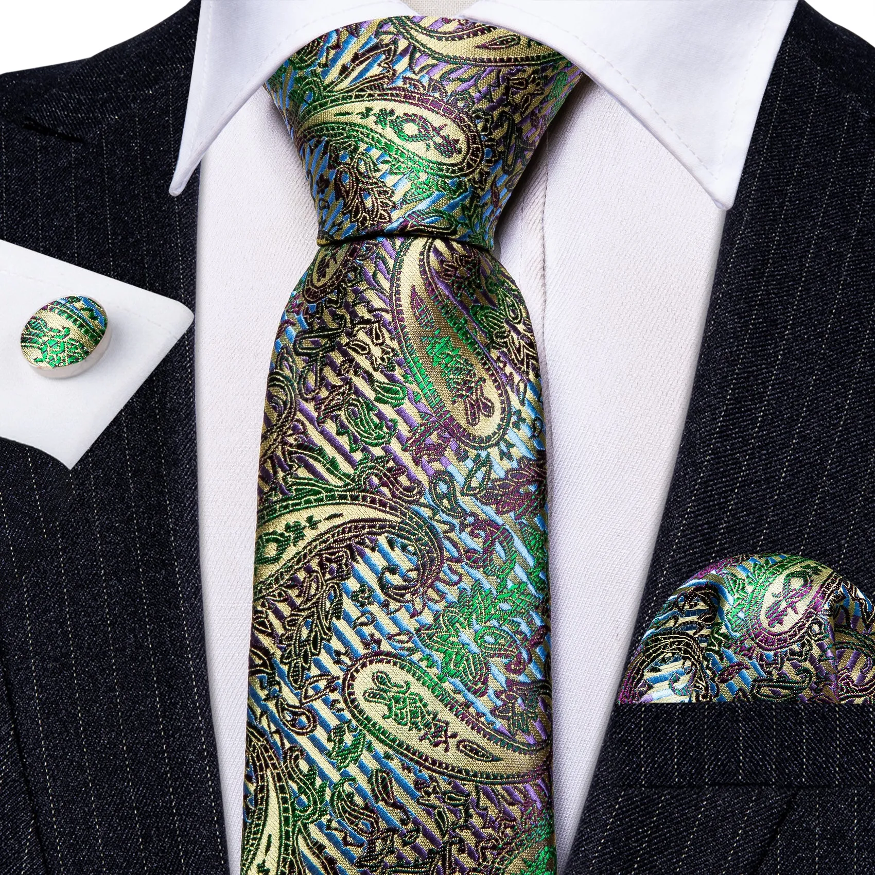 Barry Wang Colorful Paisley Silk Men's Tie Pocket Square Cufflinks Set sold by Barrywang product image thumbnail 3