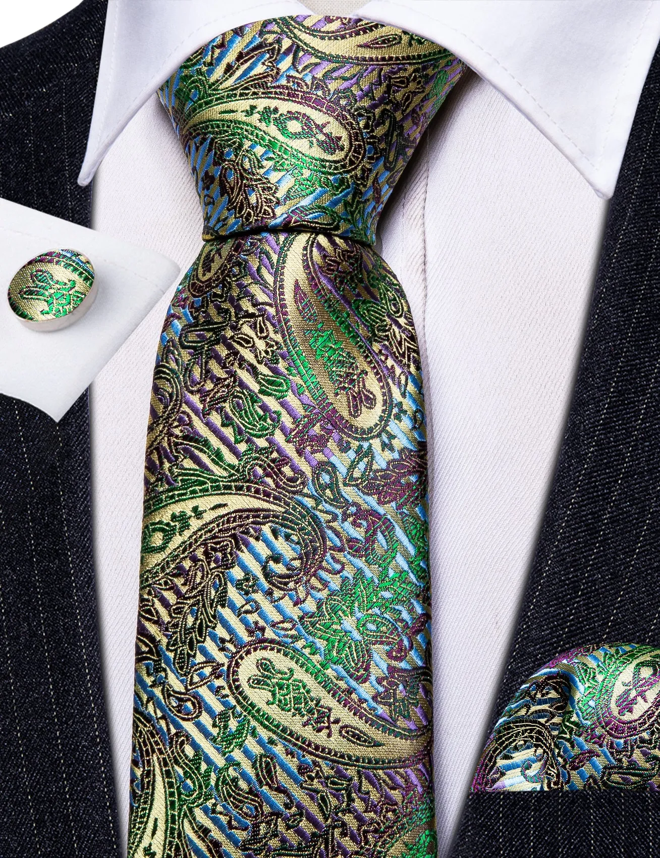 Barry Wang Colorful Paisley Silk Men's Tie Pocket Square Cufflinks Set sold by Barrywang product image thumbnail 5