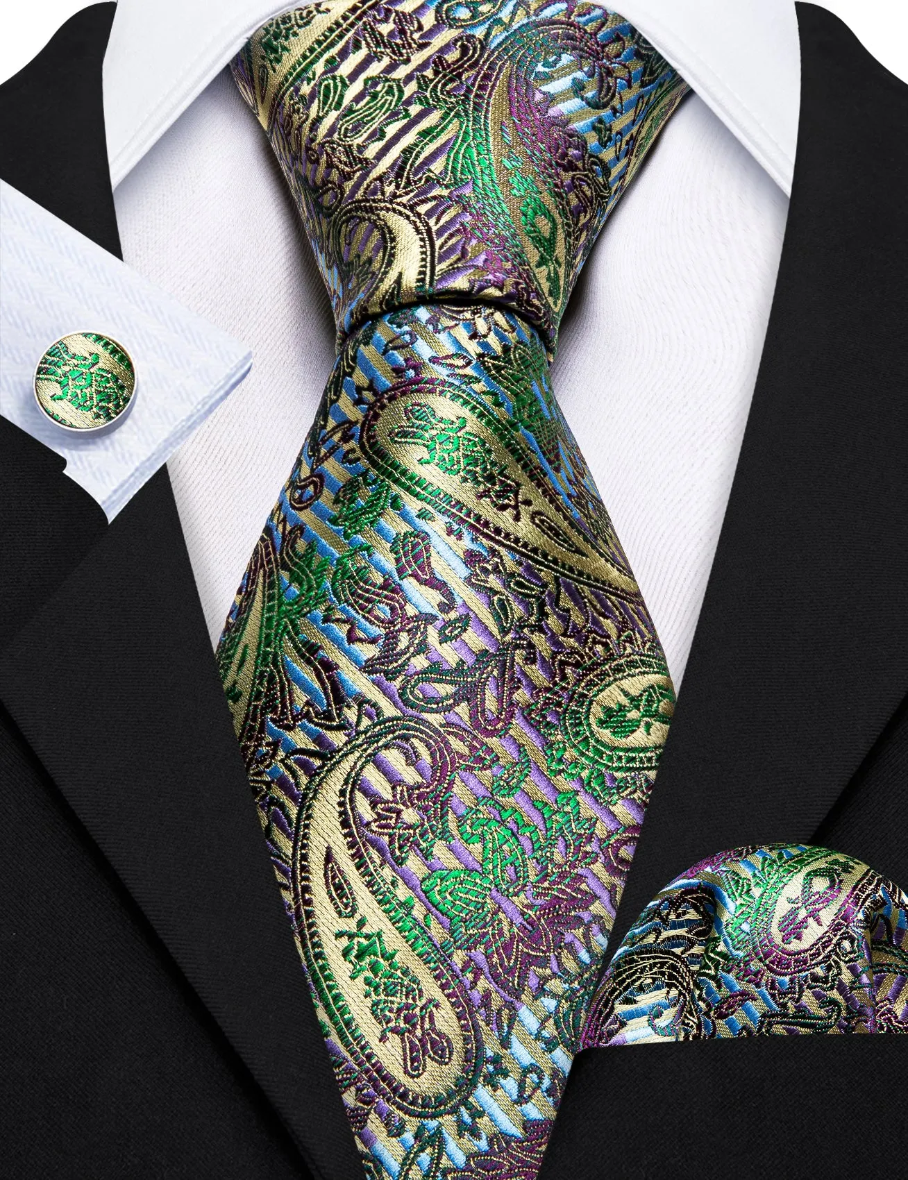 Barry Wang Colorful Paisley Silk Men's Tie Pocket Square Cufflinks Set sold by Barrywang product image thumbnail 4