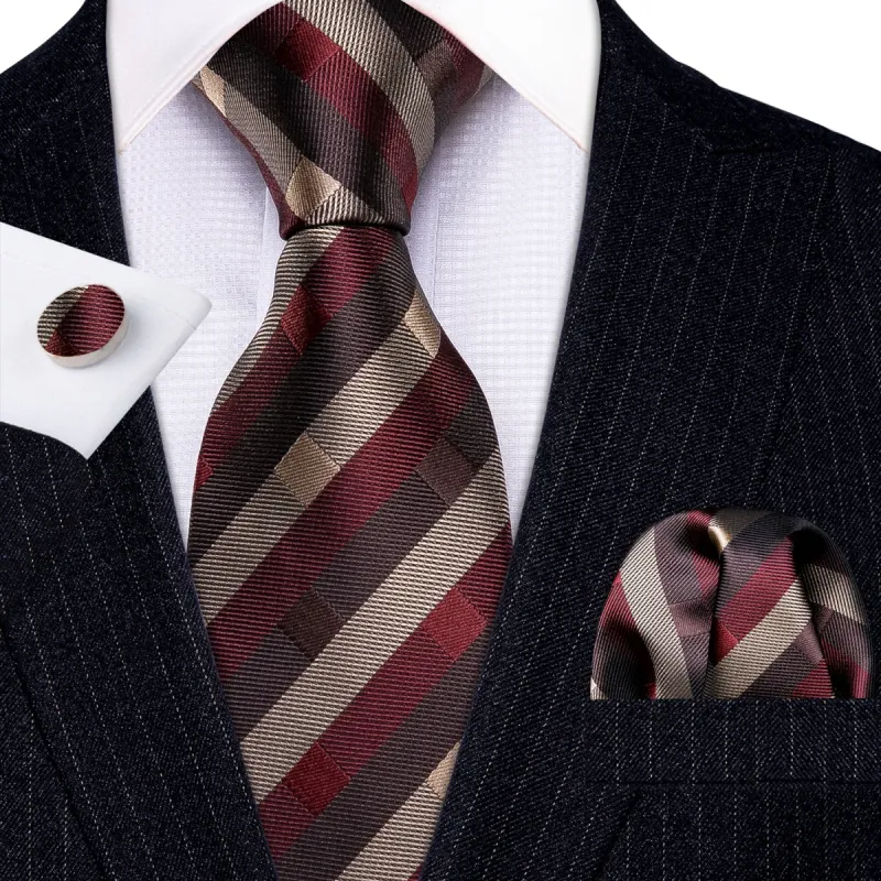 Barry. Wang Brown Necktie Red Tan Striped Silk Tie Hanky Cufflinks Set sold by Barrywang