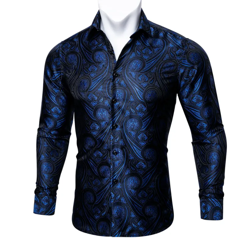 Barry. Wang Blue Paisley Silk Tribal Long Sleeve Daily Plus Size Shirt sold by Barrywang
