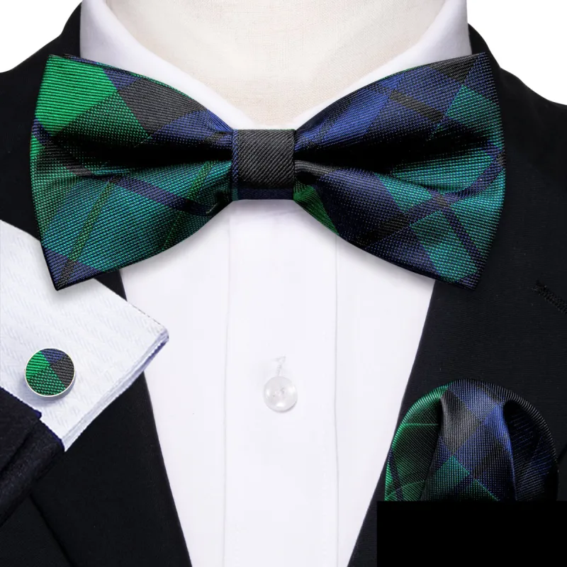 Green Blue Plaid Pre-tied Bow Tie Hanky Cufflinks Set sold by Barrywang