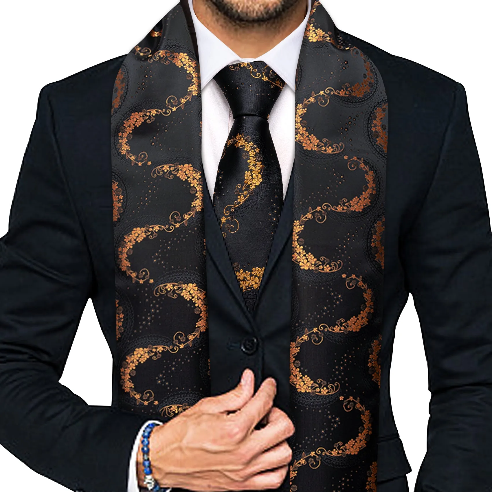 Barry Wang Mens Scarf Luxury Black Gold Silk Floral Scarf with Tie Set sold by Barrywang