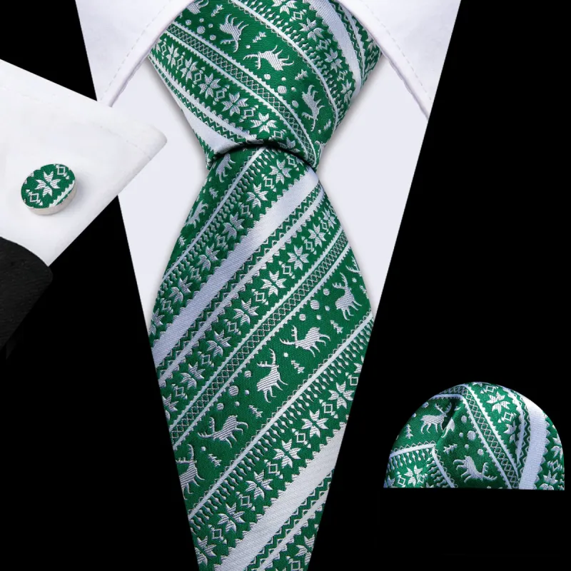 Barry Wang Christmas Tie Green White Elk Men's Striped Tie Handkerchief Cufflinks Set sold by Barrywang