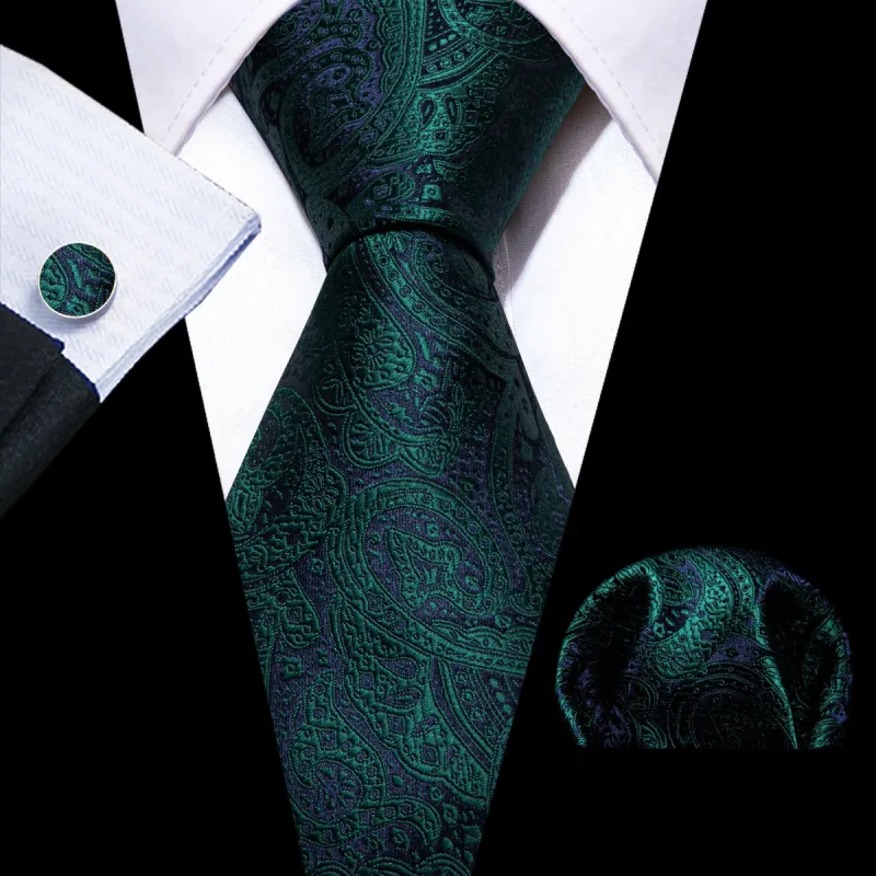 Barry Wang Blue Tie Green paisley Silk Tie Handkerchief Cufflinks Set sold by Barrywang